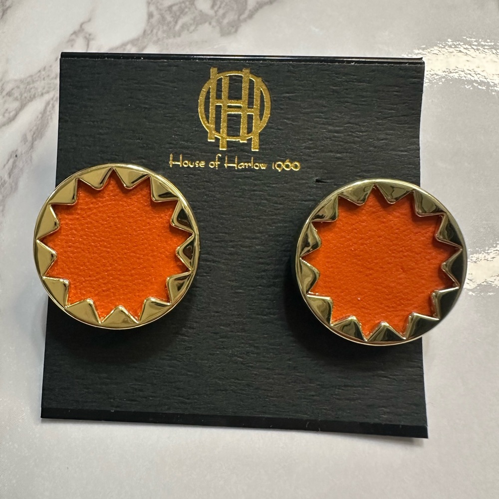 House of Harlow 1960 Sunburst Button Earrings Orange Leather Gold-tone Signed